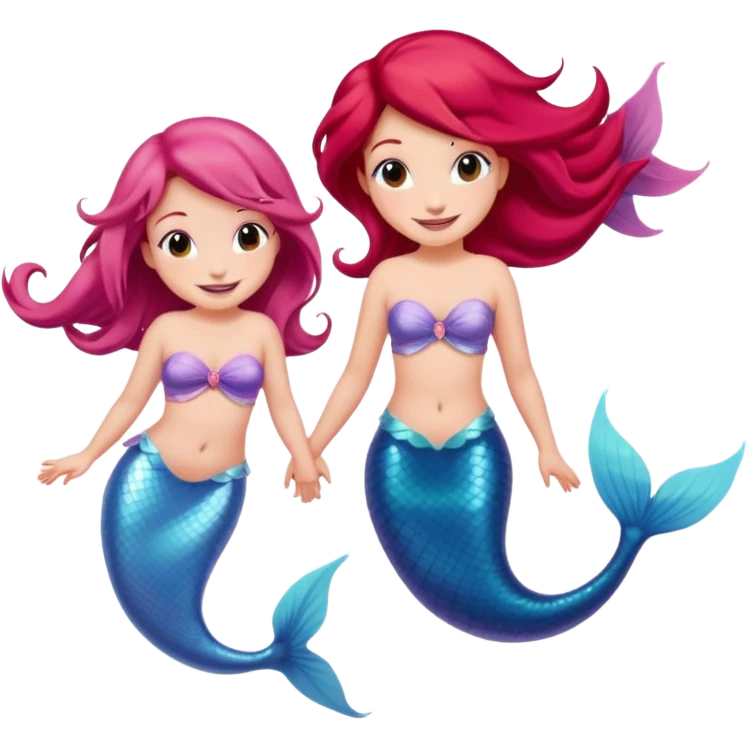 Cute iOS-style emoji of a pastel pink dolphin and a red-haired mermaid, smiling at each other. 
Simple vector emoji design, bold outlines, soft gradients, glossy look, centered, white background. emoji