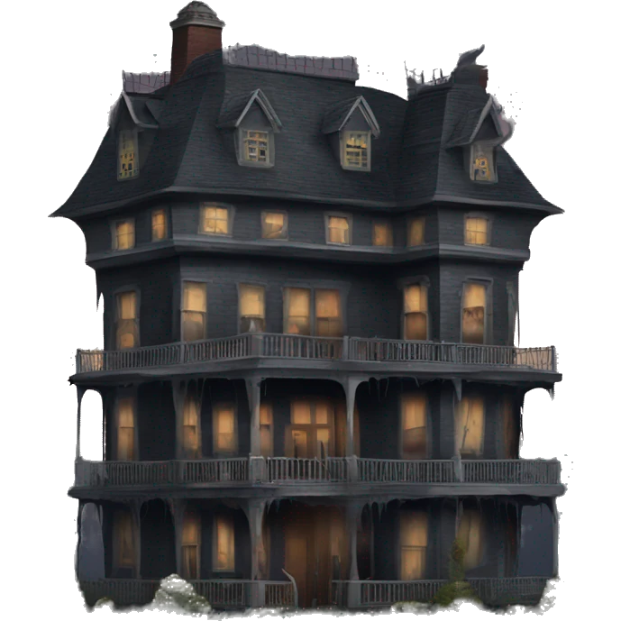 Dark dilapidated 8 story Haunted Addams manor hotel with attached garage  emoji