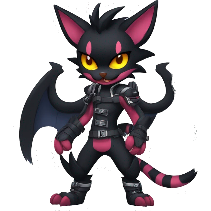 Black Anthro Cool Punk Noibat-Litten-Fakemon-fursona with fangs and edgy markings Full Body emoji