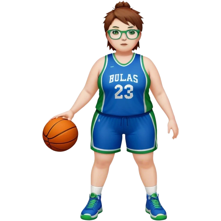 Full Body white plus size Girl with basketball spikey short brown HAIR wearing blue glasses with green eyes wearing blue and green basketball uniform PLAIN emoji