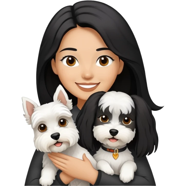 A smilling woman with long black hair holding a white Schnauzer emoji