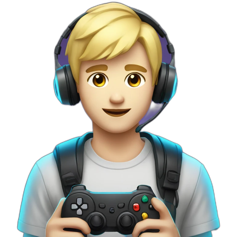 Blonde Short hair Gamer guy with headset and gamepad with neon Lighting emoji