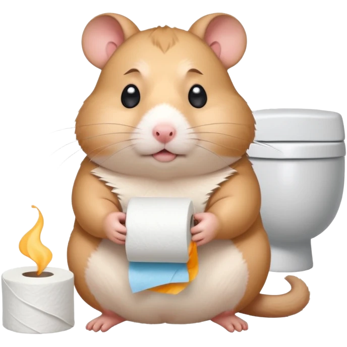 Cute chubby cartoon-style hamster sitting on toilet holding toilet paper looking as if he had an accident, sticker-style illustration emoji