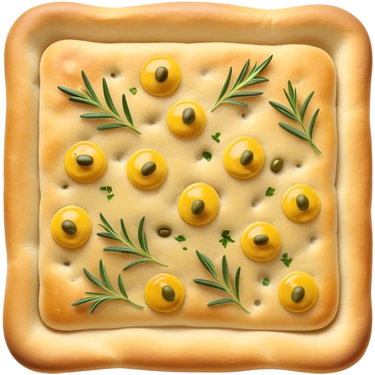 Focaccia Cinematic Realistic Focaccia Bread Dish Emoji, depicted as a golden, olive-oil brushed flatbread sprinkled with herbs, rendered with lifelike textures and warm, inviting lighting. emoji