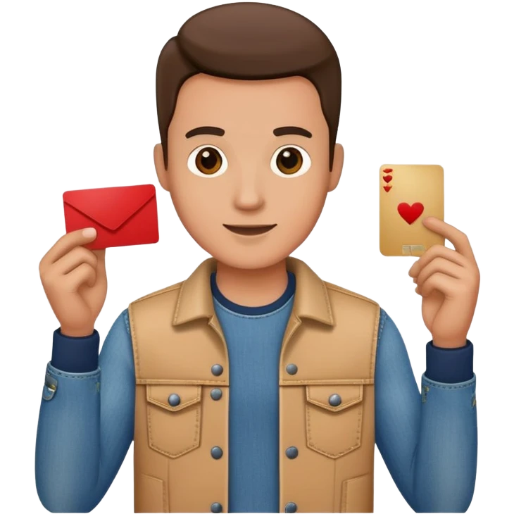 man in jeans standing, while holding a card up in one hand emoji