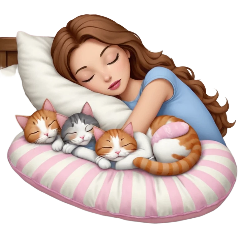 girl with long wavy brown hair, brown eyes, long lashes makeup, sexy pink lips, light to medium complexion,  sleeping on a cozy pillow, with 6 cats: 1 brown and white tabby cat, 1 ginger and white, 2 grey and white, 1 grey has white mittens and small white patch on its chest and 1 calico, sleeping emoji