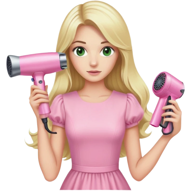 blonde woman with long hair and swamp green eyes, wearing a pink pastel dress, holding a pink Dyson hair dryer emoji