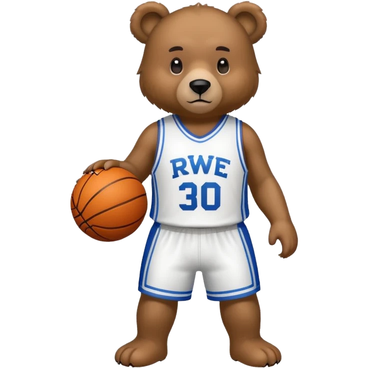 Bear with full body and wearing basketball white  jersey that says RWE  emoji