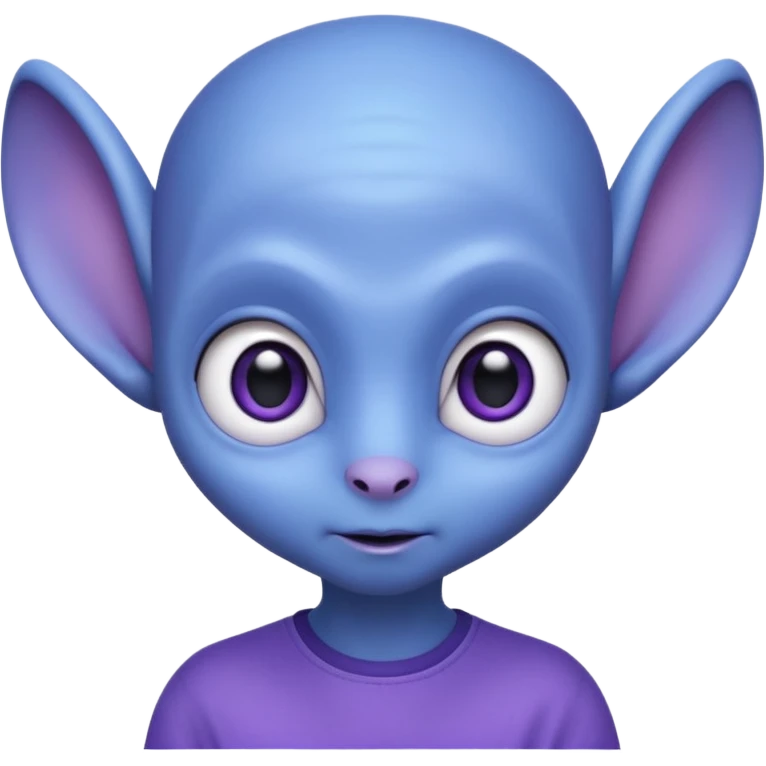 Portrait of an cute alien with smooth purple-blue skin, small antennae, large black oval eyes, small nose, and visible ears, elongated head, front-facing, wearing blue t-shirt, soft glow, simple futuristic design emoji