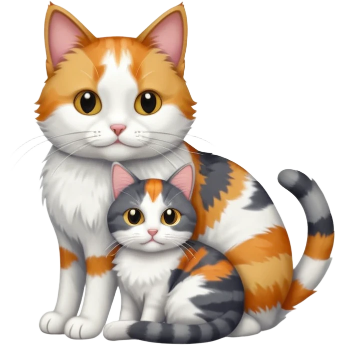 full body colourful light patched calico + white tabby cat cuddling a grey and white cat  emoji