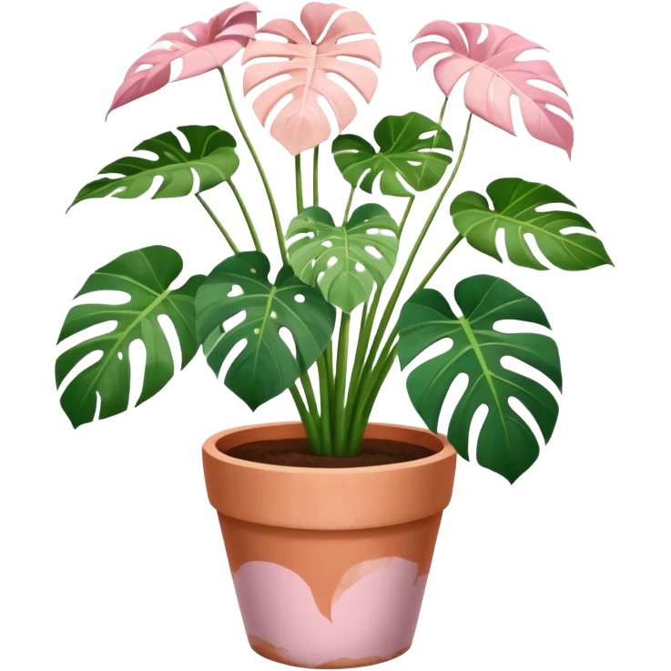 monstera plant in a plant pot in terra cota with white and pink flowers hand painted on the pot  emoji