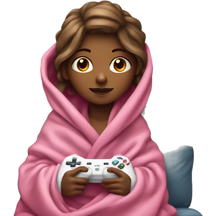 Girl wrapped up in a blanket sitting on a couch with a pink gaming controller in her hands emoji