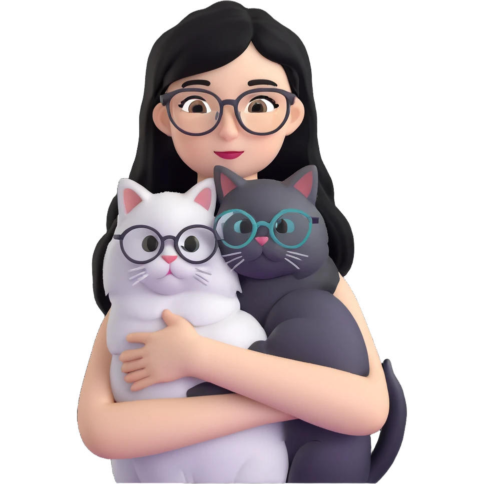 Skinny woman with oval glasses, long straight black hair, wearing white sleeveless top, hugging a grey Persian-Angora cat, plain background emoji