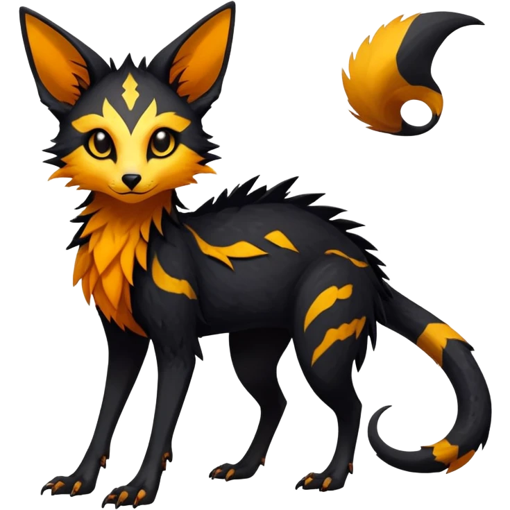 Rare realistic exotic edgy dark gothic gloomy spooky black and orange/yellow epic pretty beautiful handsome gorgeous aesthetic colorful vibrant Vernid-Trico-species-Fakemon-creature by LiLaiRa, 4 legs, 1 tail, random markings, (full body) emoji