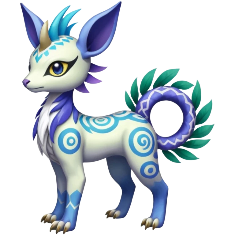 Tropical Tiny Marked Patterned Tribal Colorful Skilled Adept Graceful Asian Painted Garurumon-Meloetta-Absol-Suicune-Cobalion-fusion-hybrid-creature (full body) emoji
