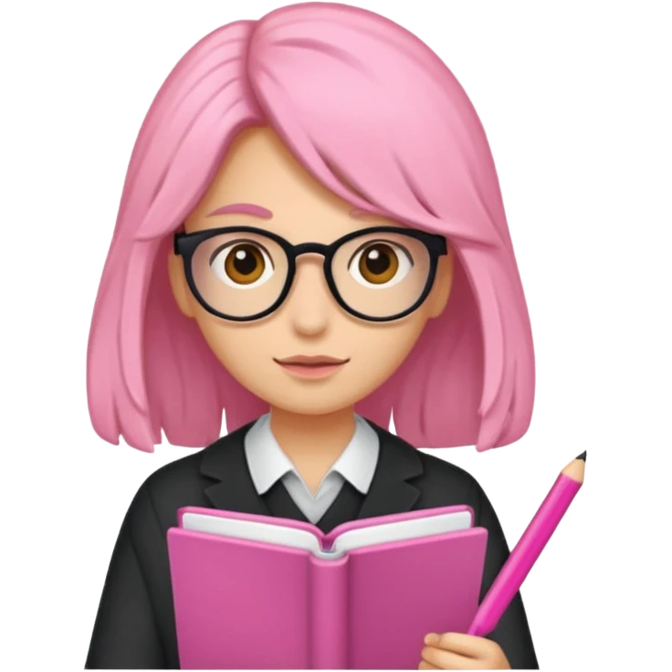 Estudante de cor parda,com o cabelo loiro , e de óculos segurando um caderno rosa emoji
