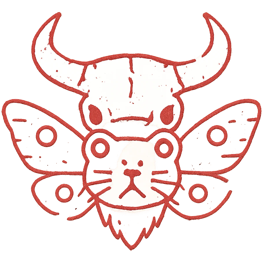 an extremely distressed red line art icon of a hybrid head with minotaur skull, stoat features, frog elements, and moth wings, with severely incomplete perimeter, numerous missing lines around the edges, parts appearing to fade away entirely, extremely weathered with large gaps, torn sections, and heavily eroded appearance, minimal thin red lines only emoji