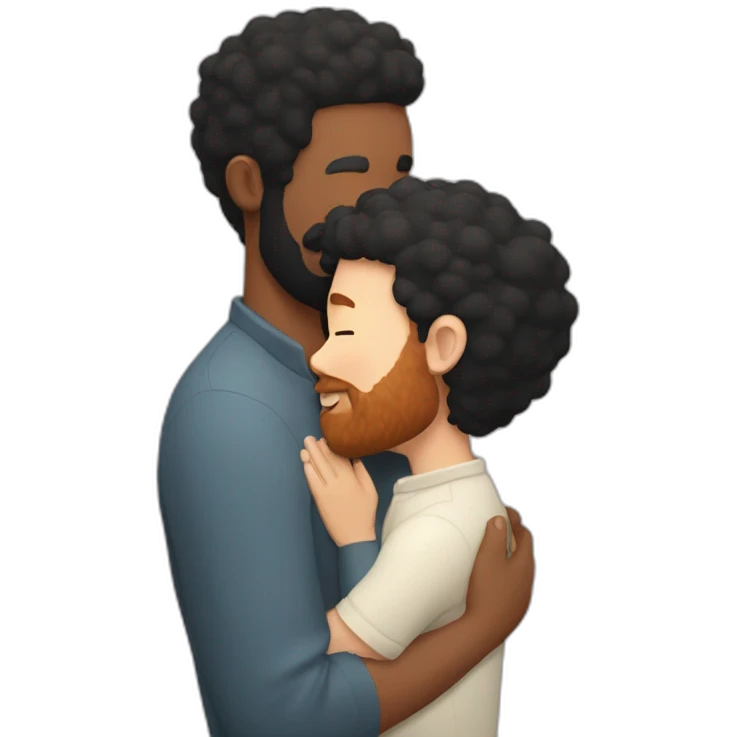 Man with black hair and ginger beard is kissing man with black hair and shaved bear emoji