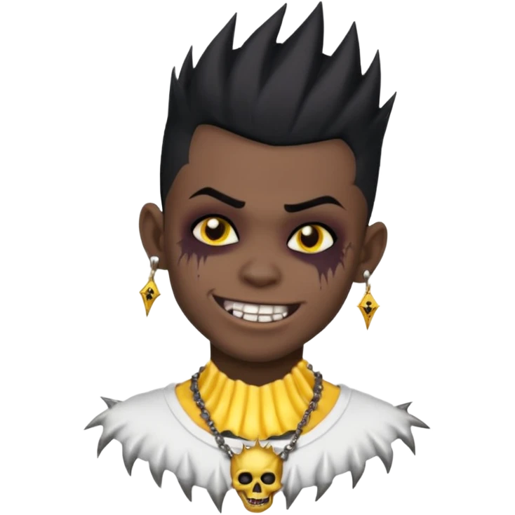 zombie boy with spiky emo black hair and white shirt , tattos, a risk on the eyebrow, earings,  a necklace emoji, with gold grills in his mouth and he’s smiling, change skin color to darkskin emoji