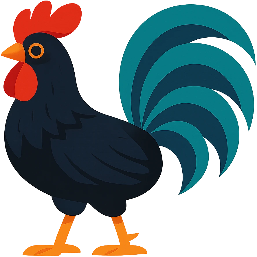 black rooster with a big dramatic tail, stylized, bold and vibrant colors emoji