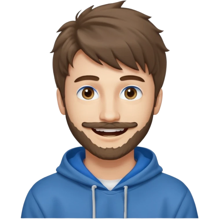 20 year old man, short scruffy beard and thin moustache, brown puffy mullet, blue eyes, big smile, white teeth, big lips, pronounced jaw, hair longer in back, sticking up on top, thin face, grey hooded sweatshirt, blue eyes emoji