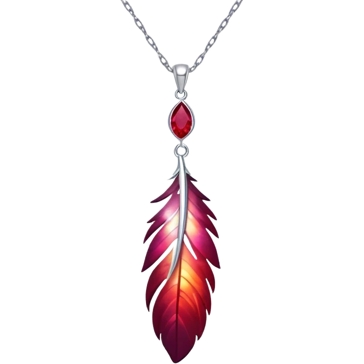 phoenix feather-inspired ruby pendant with cosmic aura, deep red glow, silver chain flowing like water, feather-like textures emoji
