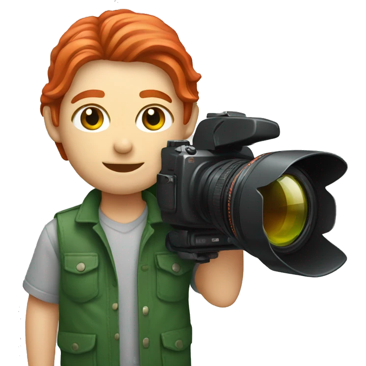 A photographer with red long hair and green eyes and a Sony camera emoji