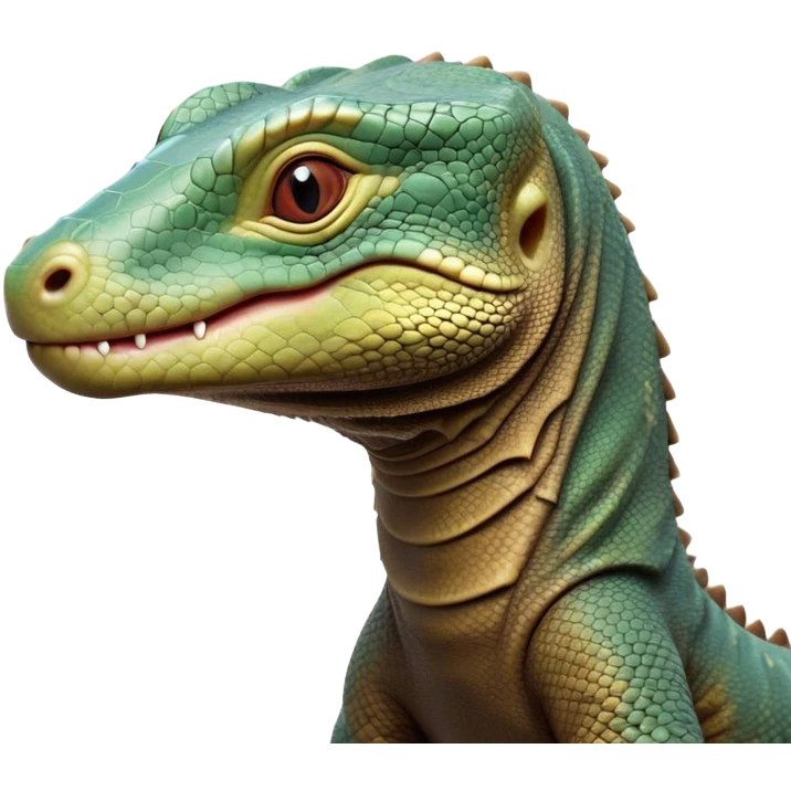 Cinematic Realistic Cute Komodo Dragon Portrait Emoji, Head tilted playfully and inquisitively, featuring a compact, robust build with finely detailed, textured scales in natural earthy hues and a characteristically alert face with bright, curious eyes, rendered with lifelike clarity, high shine, affectionate and surprisingly endearing, styled with a touch of wild charm, soft glowing outline, capturing the essence of a mischievous yet lovable Komodo dragon that seems poised to inch its way out of the screen into your arms! emoji