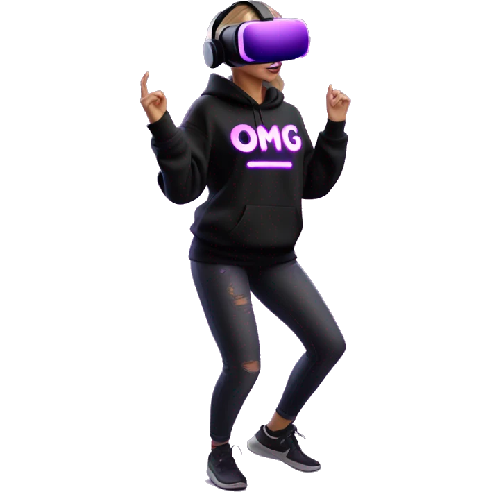 Russian girl wearing black hoody with violet letters "OMG", in vr headset oculus quest2. Dancing. Cyberpunk style. Violet neon. emoji