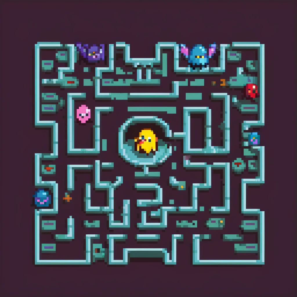 8-bit pacman game scene with dots and ghosts emoji