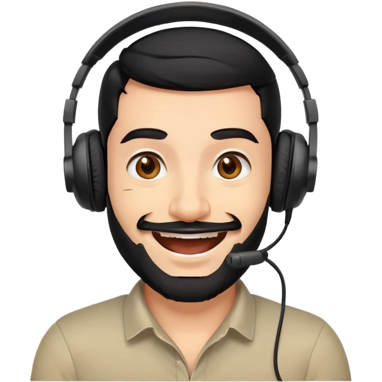 Very happy excited grinning man with black hair, brown eyes, black beard wearing a gaming headset emoji