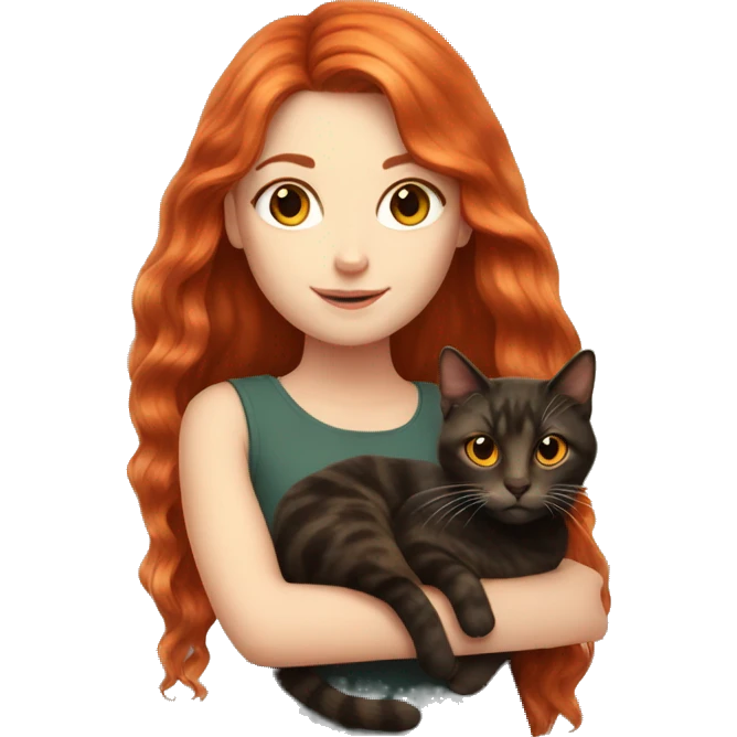 white girl with long red hair holding tortoiseshell cat emoji