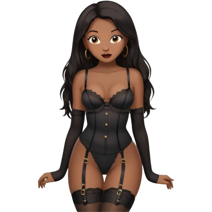 Beautiful Buxom black girl with full lips, long hair and brown eyes, intimate, black nylon stocking and garter belt pose, sfw emoji