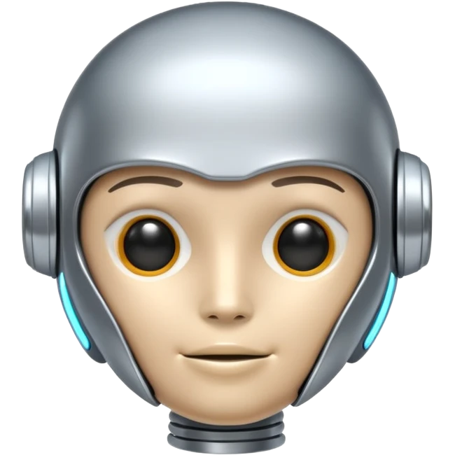 A cute futuristic robot emoji made of silver chrome, rounded friendly body, minimal facial features, glossy metallic surface, soft reflections, iOS emoji style, centered, clean white background emoji