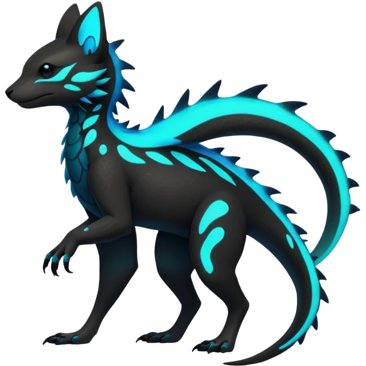Rare realistic black-scaled neon-glowing bioluminescent edgy badass epic pretty beautiful handsome gorgeous aesthetic colorful vibrant Vernid-Trico-Amaura-species-Fakemon-creature by LiLaiRa, 4 legs, 1 tail, random markings, (full body) emoji
