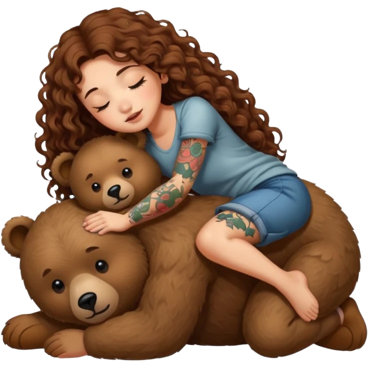 cute woman long curly brown hair tattoos riding sleepy bear emoji
