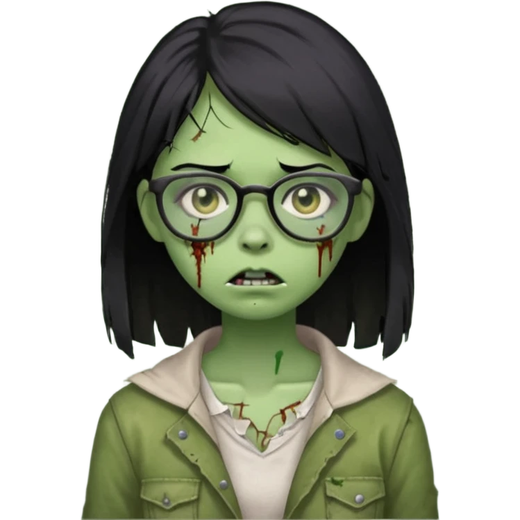 garota zumbi verde com o cabelo preto liso abaixo do ombro, que use óculos emoji
