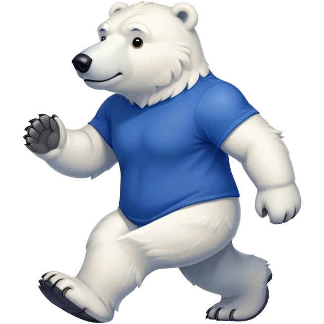 friendly anthropomorphised polar bear walking with a confident stride, wearing a royal blue t-shirt, stronger-looking emoji