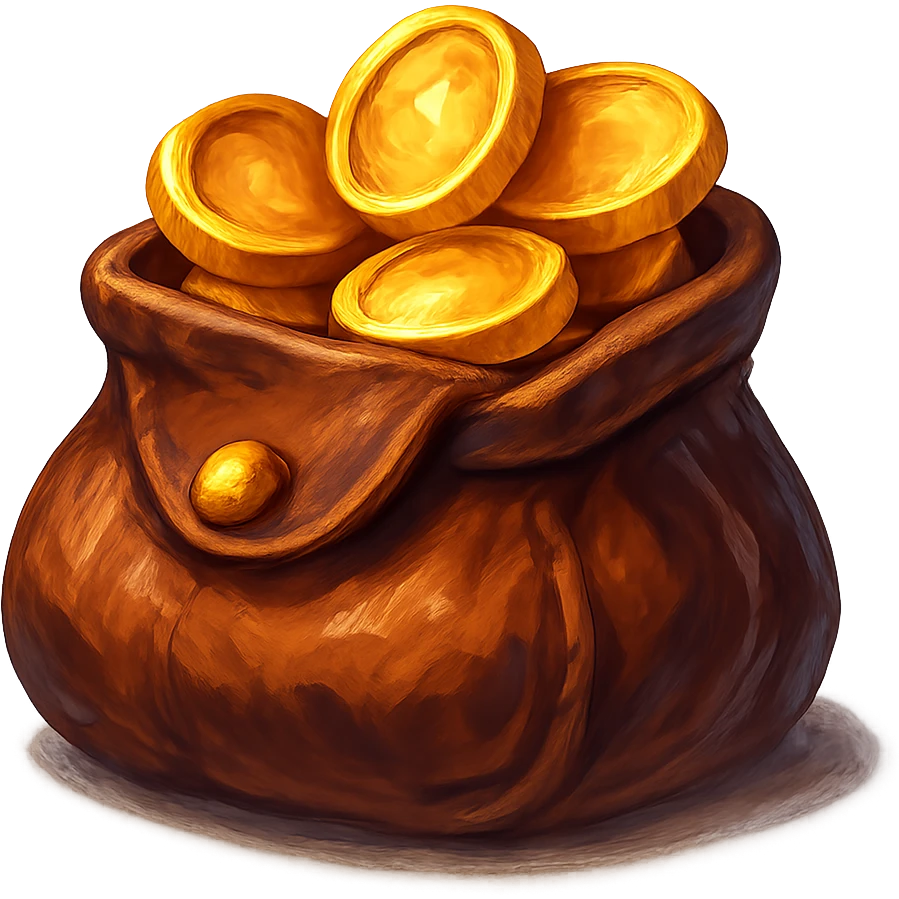 В cлегка рисованной, но при этом объемной и яркой стилистике сгенерируй картинку кожаного кошелька, из которого торчат золотые монеты. Они должны выглядеть не как пластмассовые, а как настоящее золото. Прозрачный фон emoji