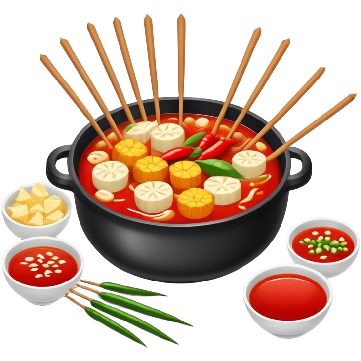 Spicy Hot Pot Skewers Malatang with various ingredients in red broth, simplified emoji style with bold outlines and bright colors, cartoon style Chinese street food bowl emoji