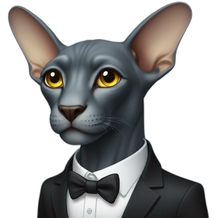 dark grey sphinx with bright blue eyes wearing black suit, calling on banana as phone, portrait emoji