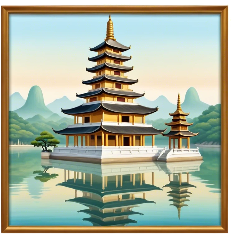 Cinematic Realistic Tran Quoc Pagoda Landmark Emoji, depicted with an ancient pagoda set on tranquil waters rendered with delicate textures and serene, reflective lighting. emoji
