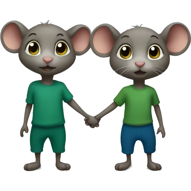 Two mice hold hands. one (boy) wears a dark blue T-shirt, the other (girl) wears a green leotard. emoji