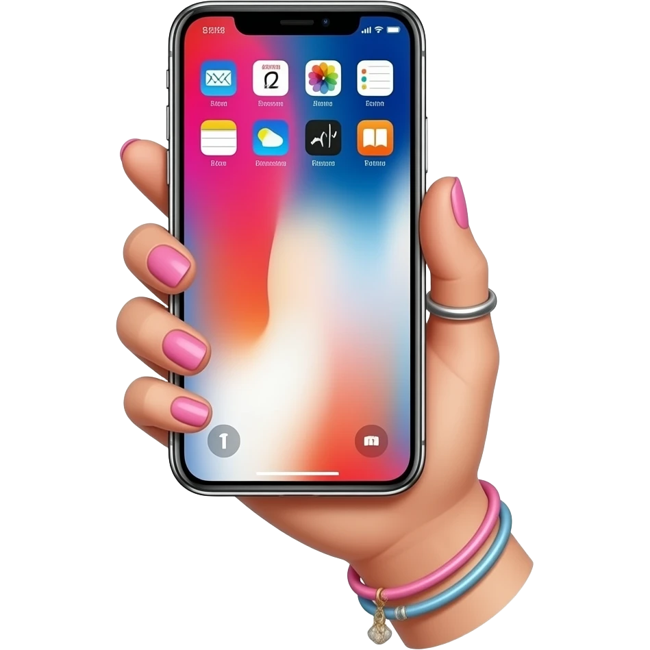 holding big iphone with screen upwards: cute thin girl hand with pastel and pink modern nails, rings, and accessories. emoji