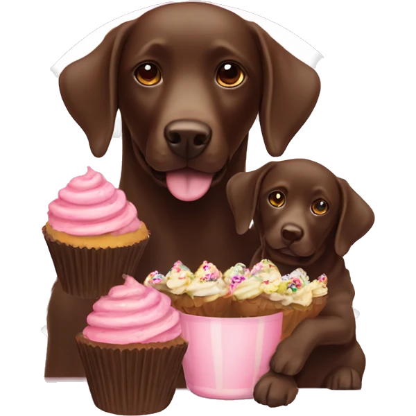 Chocolate Labrador mum and pup with cup cakes  emoji