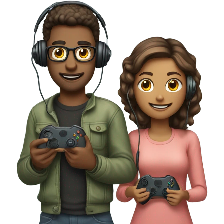 guy and girl wearing headsets with xbox controllers in hand  emoji