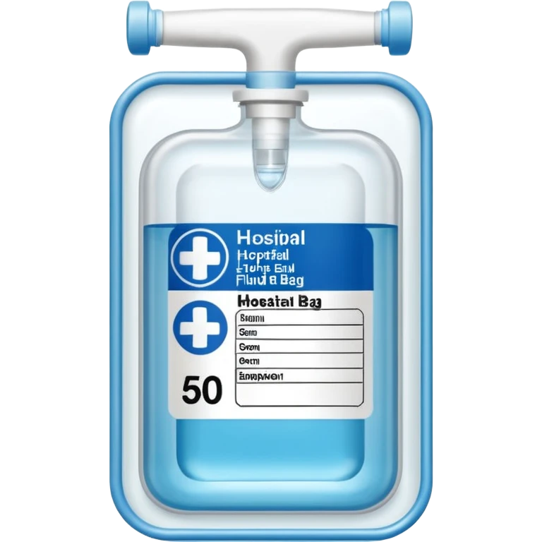 Hospira, BBraun, Hospital Intravenous fluid bag, 2 ports on the bottom side of bag, and is filled with 500ml, pharmacy label emoji