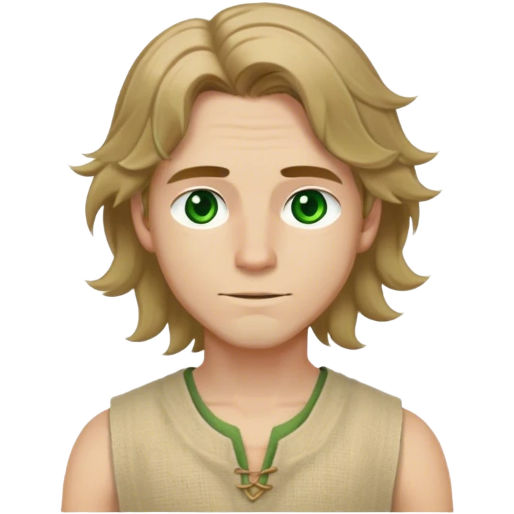 medieval summer outfit worn by a DnD themed fantasy male character. simple sleeveless hemp tunic with a deep round neckline and stitched reinforcements. clothes only above the waist. The clothes full waist. The character's haven't arms. character is white-skinned, light brown hair, green eyes, shoulder-length wavy hair. emoji