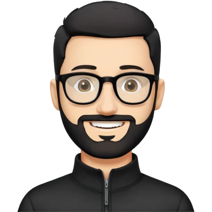 Fair-skinned man with very short buzzed black hair, short distinctly salt and pepper beard, large black-framed glasses, smiling, wearing black long sleeve quarter-zip shirt with visible zipper at collar emoji