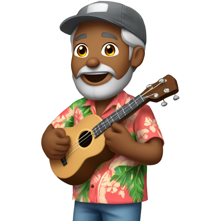 dark-skinned native hawaiian man h playing ukulele age 57 with hawaiian shirt shorts beard with cap and hair with a little gray hair, emoji